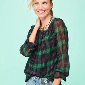 Talbots Tartan Plaid Popover Blouse Top Blue Green Size Petite Large